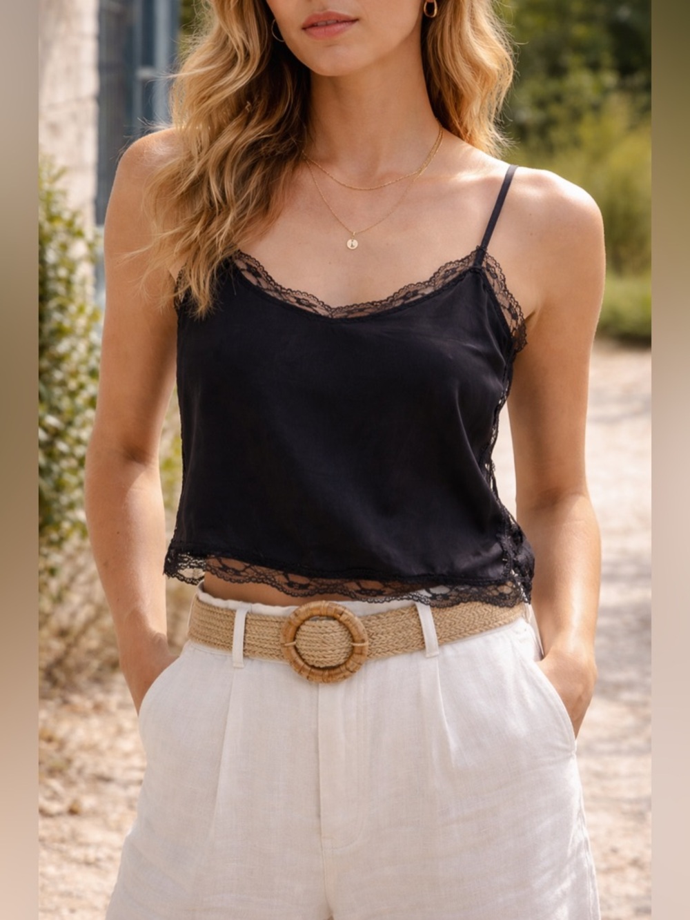 Bebe 100% Silk Lace Trim Camisole – Black XS